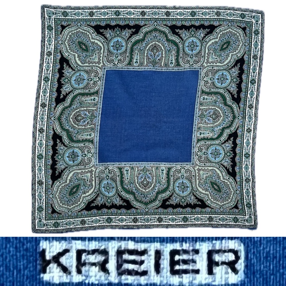 🟦Thin Wool Raw Hem 26” Square Paisley Semi Sheer Navy Bordered Scarf KREIER